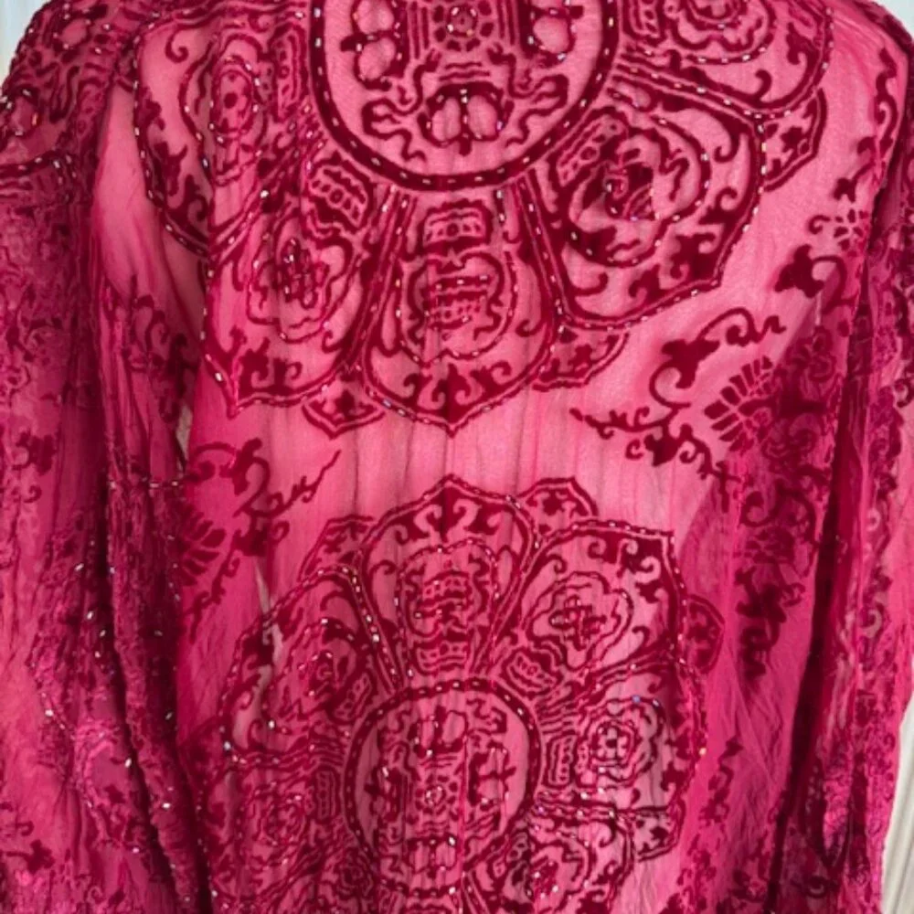 VINTAGE ROSE Stevie Nicks style Sheer Red Burnout Velvet Beaded KimonoCoat - Picture 8 of 9